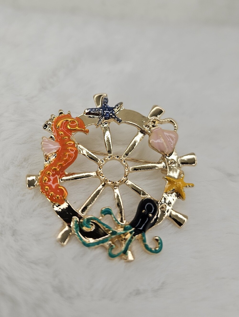 Nautical Wheel Enamel Brooch Pendant with Seahorse & Octopus - Gold Tone
